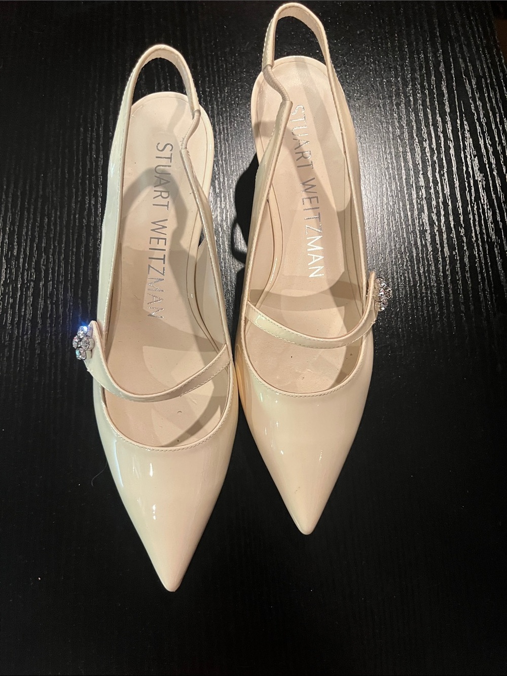 Stuart Weitzman Cream Patent Slingback Pumps with Crystal Accent